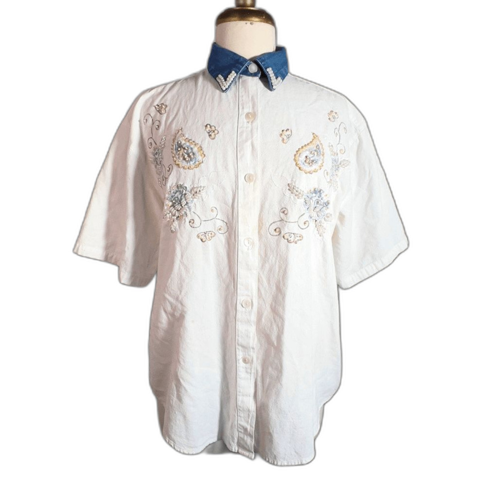 Jane Ashley Blouse Size M Vintage 80's Pearl Coastal Grandmother Shirt